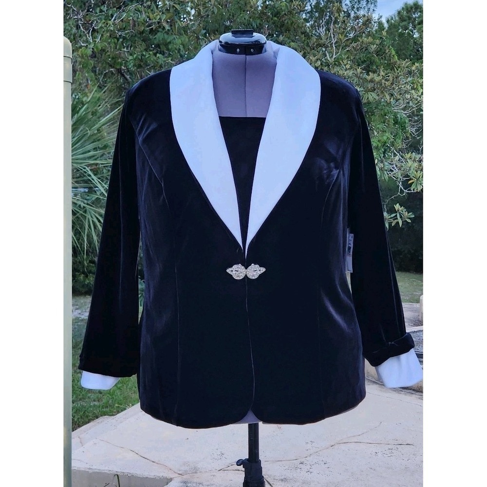 2X  Black Velvet TWIN SET  Blazer White Satin Lapel Cuff Clasp Formal Mother NEW - Picture 2 of 10